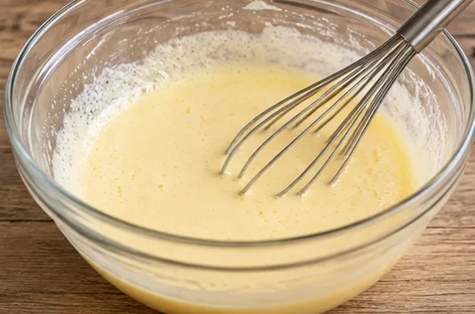 Cake au citron : fouetter œufs et sucre, mélange jaune pâle et uniforme.