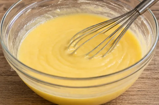 Cake au citron : ajouter le beurre, préparation homogène et brillante.