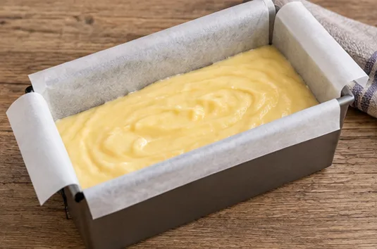 Cake au citron : incorporer les poudres, pâte sans farine sèche et moule aux deux tiers maximum.