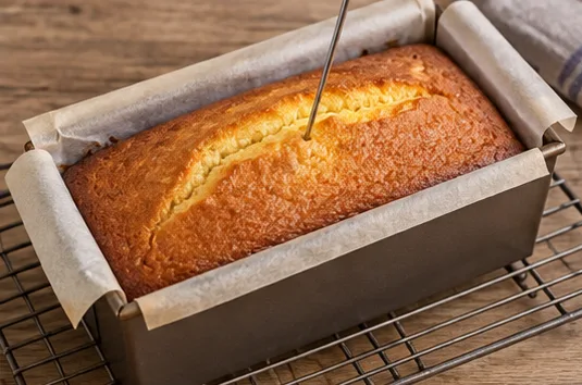 Cake au citron : cuire et contrôler au centre, cake doré, centre cuit.