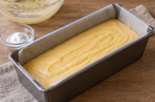 Quatre-quarts breton : ajouter farine et levure, pâte régulière dans un moule non surchargé.