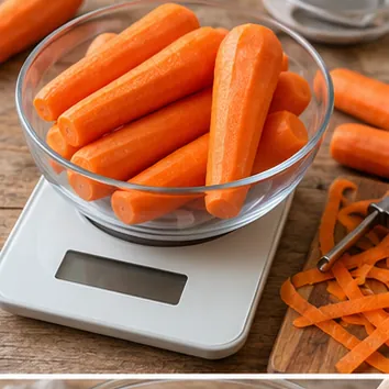 Gâteau à la carotte : éplucher et peser les carottes, 250 g de carottes épluchées.