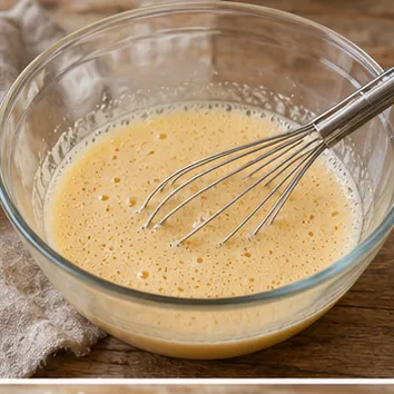 Gâteau à la carotte : fouetter œufs et cassonade, œufs et cassonade homogènes.