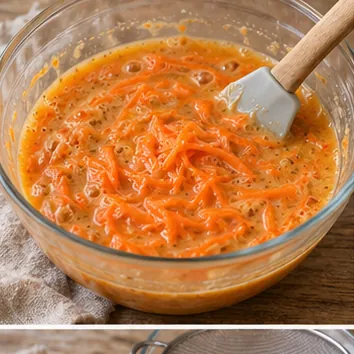 Gâteau à la carotte : ajouter huile et carottes, carottes réparties dans les liquides.