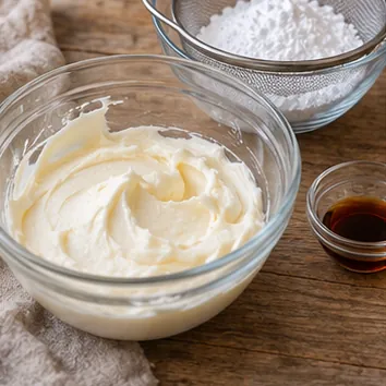 Gâteau à la carotte : préparer le fromage frais, fromage frais lisse et sucre glace tamisé.
