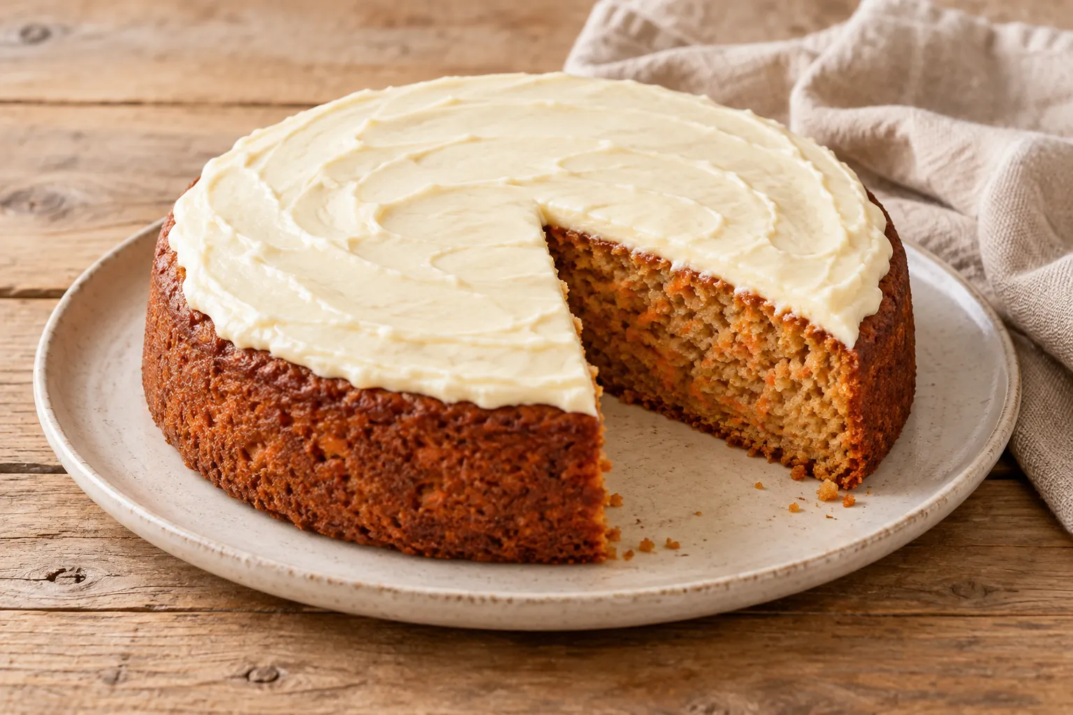Gâteau à la carotte maison, une part coupée montrant la texture intérieure