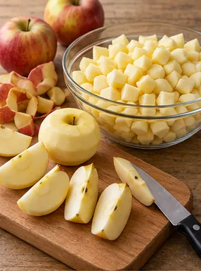 Gâteau aux pommes moelleux : découper les pommes, 500 g de petits cubes de pomme.