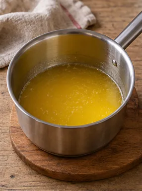 Gâteau aux pommes moelleux : fondre le beurre, beurre liquide et tiédi.