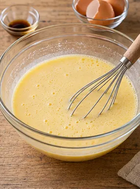 Gâteau aux pommes moelleux : mélanger les liquides, préparation jaune pâle homogène.