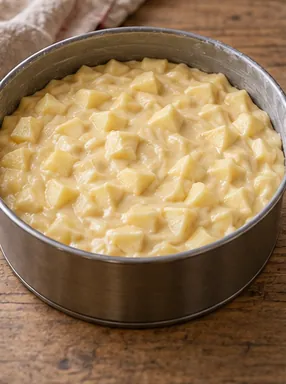 Gâteau aux pommes moelleux : répartir les pommes, pommes enrobées et réparties dans la pâte.