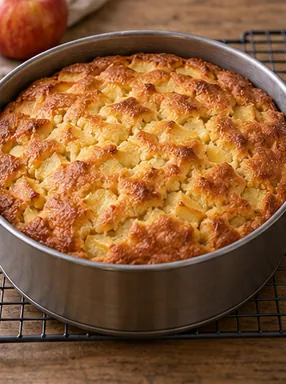 Gâteau aux pommes moelleux : cuire à cœur, dessus doré et pâte cuite entre les fruits.