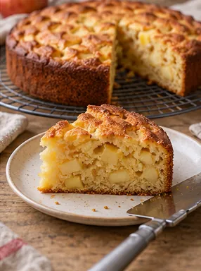 Gâteau aux pommes moelleux : refroidir et servir, parts moelleuses qui se tiennent.