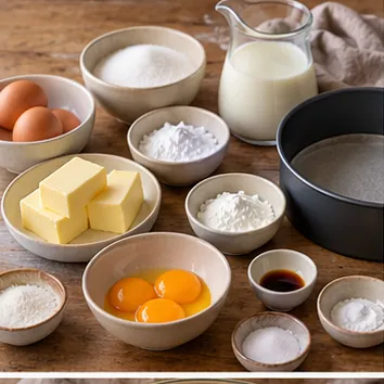 Gâteau basque à la crème : préparer les ingrédients, ingrédients séparés et beurre souple.