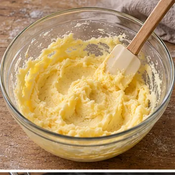 Gâteau basque à la crème : mélanger beurre, sucre et œufs, crème de beurre et d’œufs homogène.