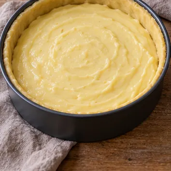 Gâteau basque à la crème : garnir avec la crème froide, crème répartie et bord de pâte libre.