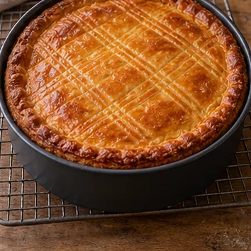 Gâteau basque à la crème : cuire jusqu’à coloration régulière, dessus doré, pâte des bords cuite.