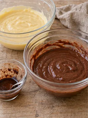Gâteau marbré vanille-chocolat : préparer la pâte au cacao, une pâte vanille et une pâte cacao.
