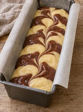 Gâteau marbré vanille-chocolat : former les marbrures, deux couleurs encore distinctes dans le moule.
