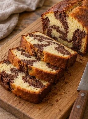Gâteau marbré vanille-chocolat : refroidir et découper, tranches nettes aux marbrures visibles.
