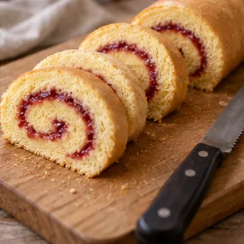 Gâteau roulé à la confiture : faire tenir puis couper, tranches montrant une spirale régulière.