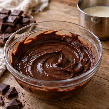 Gâteau roulé au chocolat : préparer la ganache, ganache lisse et refroidie, assez épaisse pour être étalée.