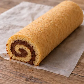 Gâteau roulé au chocolat : rouler sans emprisonner le papier, roulé fermé, jointure dessous, sans papier intérieur.