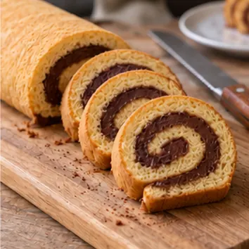 Gâteau roulé au chocolat : faire tenir puis couper, tranches montrant une spirale régulière.