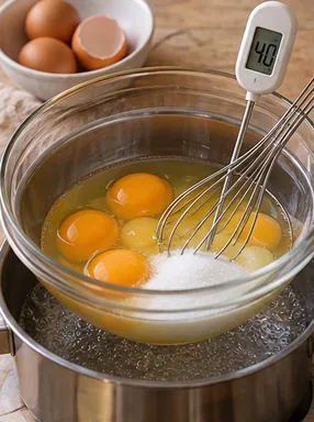Génoise nature : tiédir œufs et sucre, œufs sucrés tièdes à 40 °c.