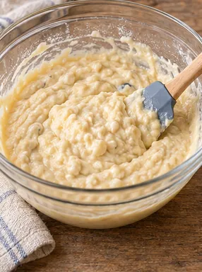 Muffins aux myrtilles : réunir sans trop mélanger, pâte épaisse, sans poche de farine sèche.
