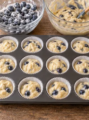 Muffins aux myrtilles : ajouter les fruits et remplir, fruits répartis et caissettes aux deux tiers.