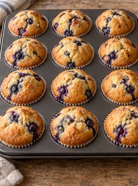 Muffins aux myrtilles : cuire les muffins, dômes dorés et pâte cuite.
