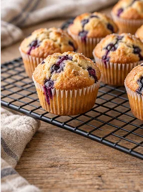 Muffins aux myrtilles : refroidir sans détremper, muffins refroidis, caissettes non détrempées.