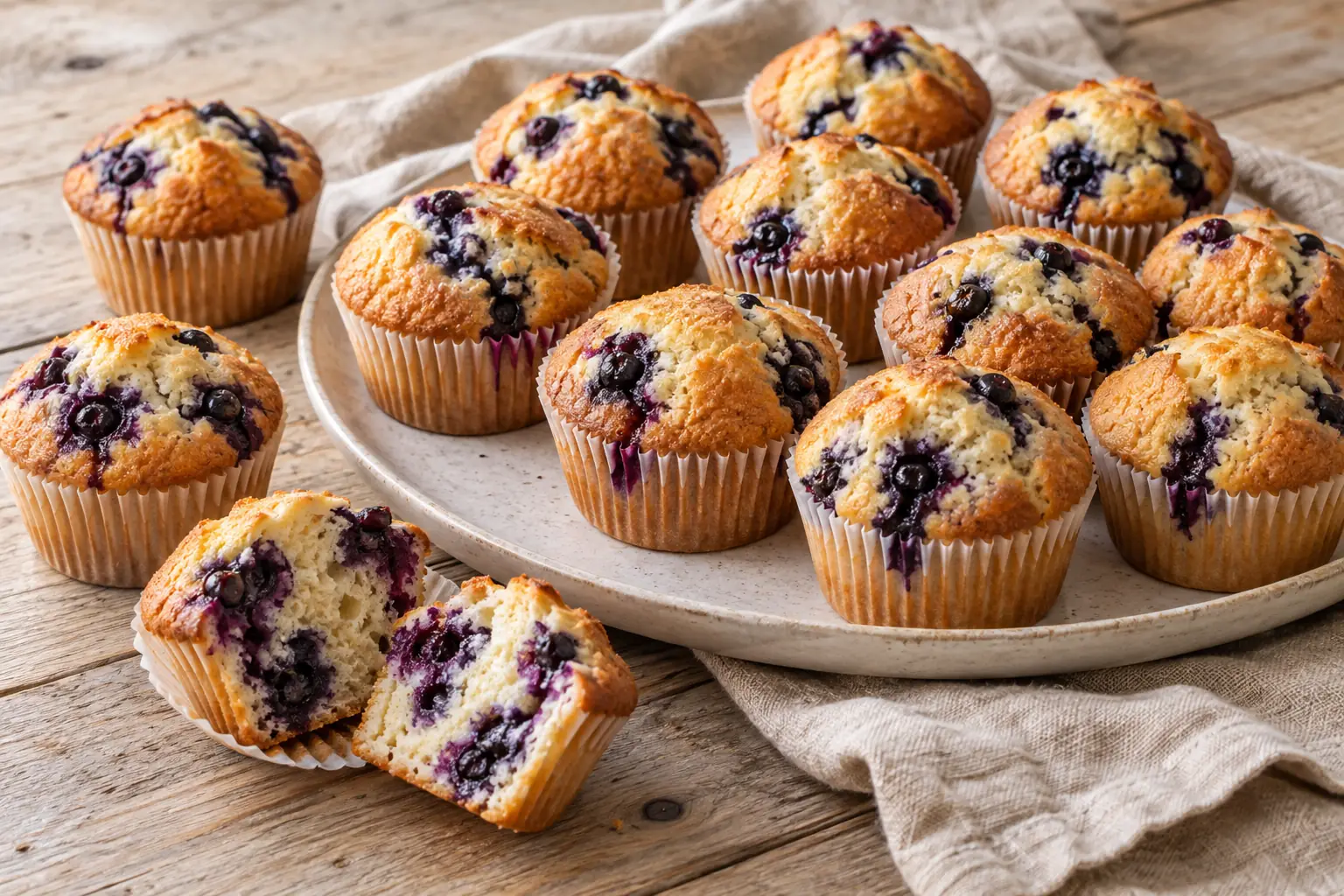 Muffins aux myrtilles maison, une part coupée montrant la texture intérieure