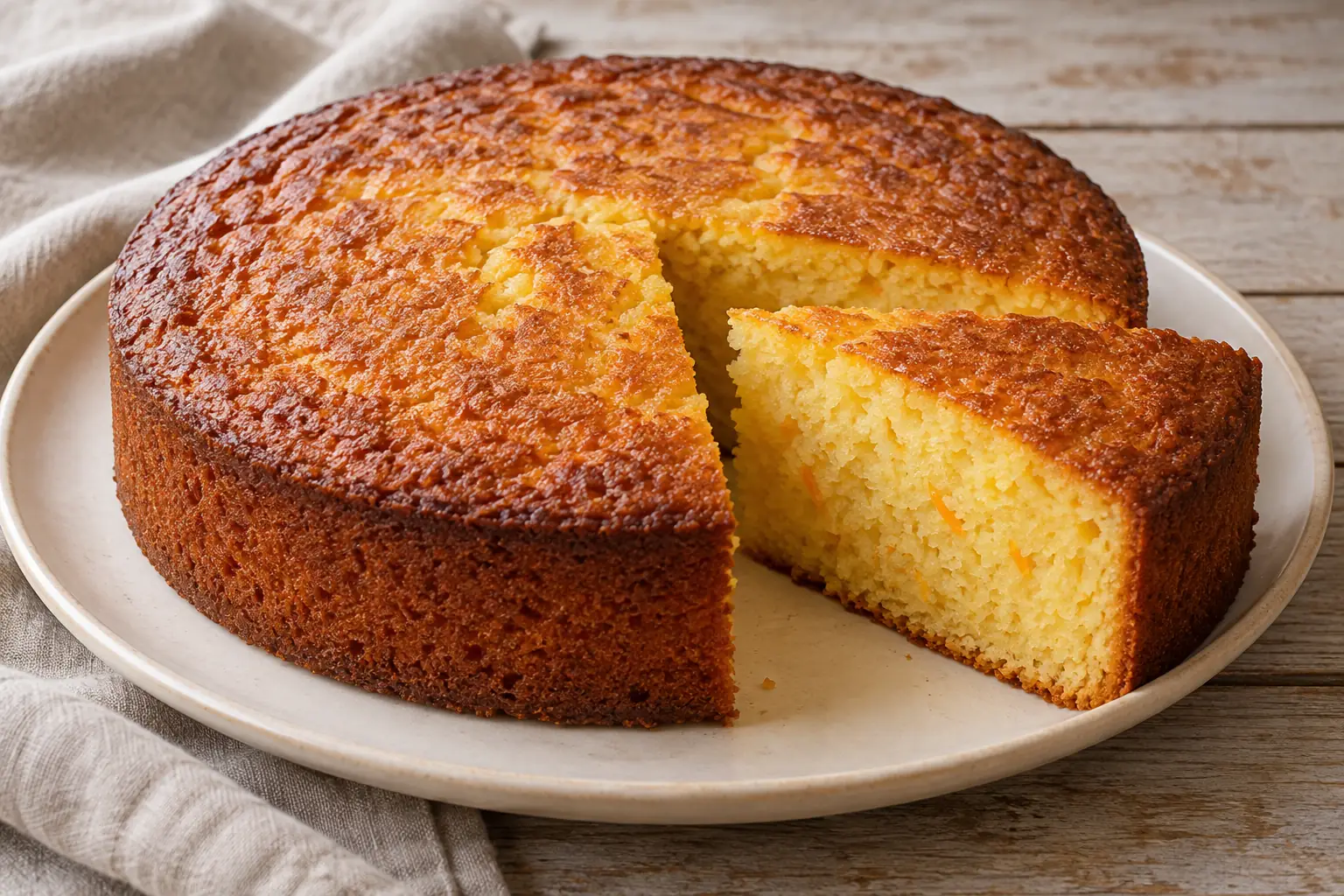 Gâteau à l’orange maison, une part coupée montrant la texture intérieure