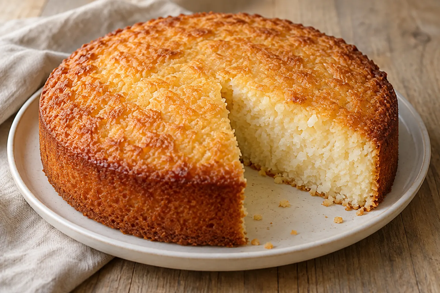 Gâteau à la noix de coco maison, une part coupée montrant la texture intérieure