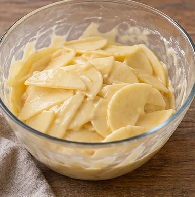 Gâteau invisible aux pommes : enrober les lamelles de pâte — Pommes finement nappées.