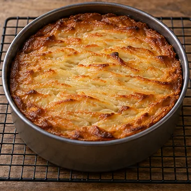 Gâteau invisible aux pommes : cuire jusqu’à tendreté des pommes — Pommes tendres, centre pris et dessus doré.