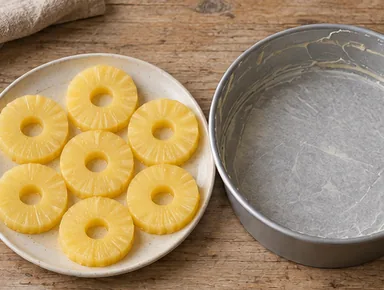 Gâteau renversé à l’ananas : égoutter et préparer le moule — Rondelles épongées et moule plein préparé.