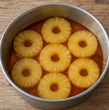Gâteau renversé à l’ananas : verser le caramel et poser l’ananas — Caramel au fond et ananas en une couche.