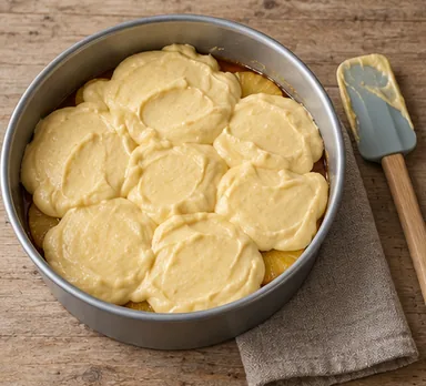 Gâteau renversé à l’ananas : couvrir les fruits de pâte — Ananas couvert et surface plane.