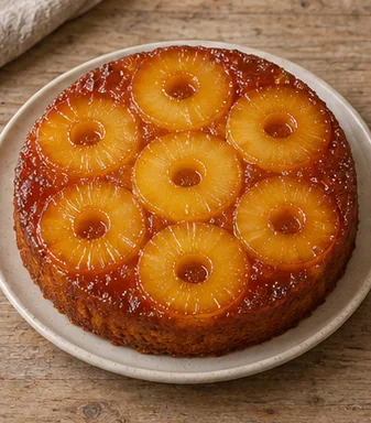 Gâteau renversé à l’ananas : retourner le gâteau encore tiède — Rondelles visibles sur le dessus caramélisé.