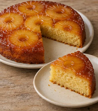 Gâteau renversé à l’ananas : refroidir avant de servir — Parts nettes et caramel non brûlant.