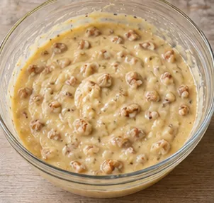 Gâteau aux noix : terminer la pâte — Pâte homogène sans farine sèche.