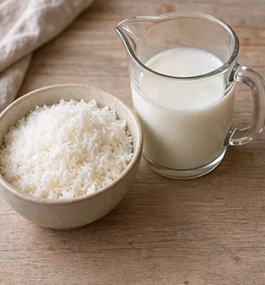 Gâteau à la noix de coco : peser la coco et mesurer le lait — Coco râpée fine, lait et vanille mesurés.