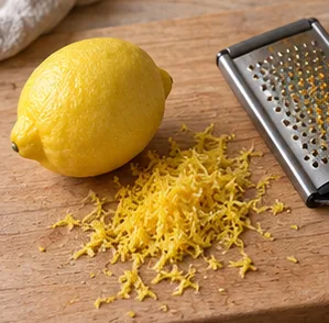 Gâteau au citron et pavot : prélever le zeste du citron — Zeste jaune fin, sans peau blanche.