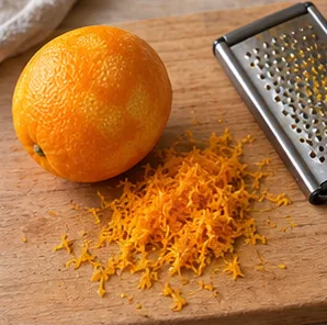 Gâteau à l’orange : prélever le zeste de l’orange — Zeste fin sans partie blanche.
