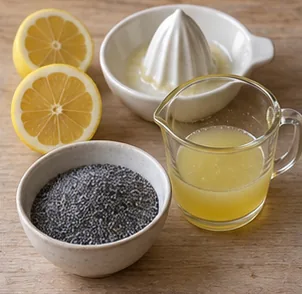 Gâteau au citron et pavot : presser le jus et peser le pavot — Jus mesuré, lait et pavot prêts.
