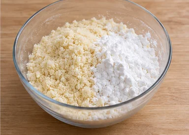 Gâteau aux amandes à la fécule de maïs : réunir les poudres sans blé — Poudres mélangées sans farine de blé.
