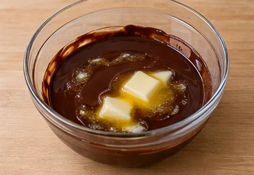 Gâteau aux poires et chocolat : fondre le chocolat et le beurre — Chocolat et beurre fondus, puis tiédis.