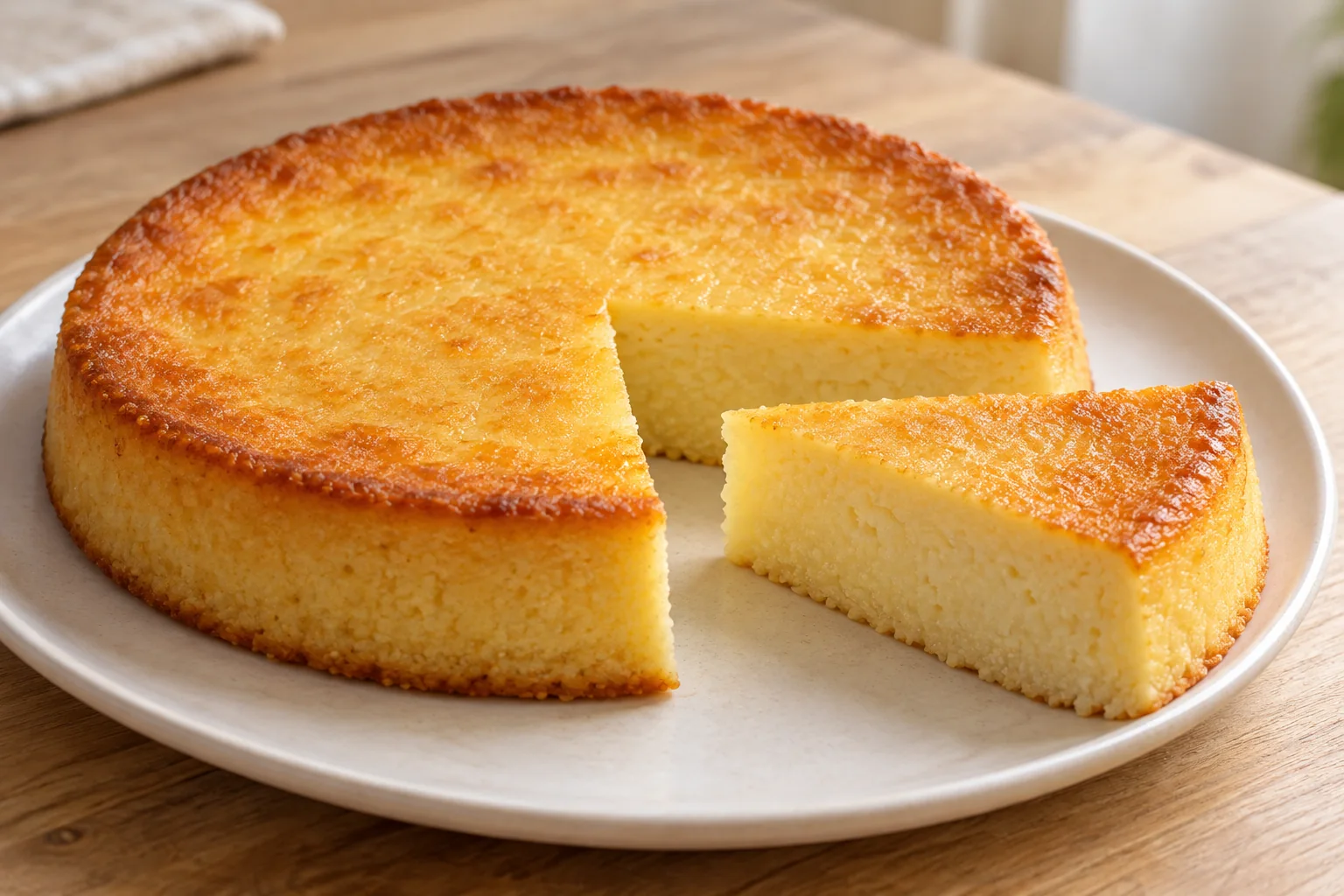 Gâteau à la semoule et au citron maison, une part coupée montrant la texture intérieure